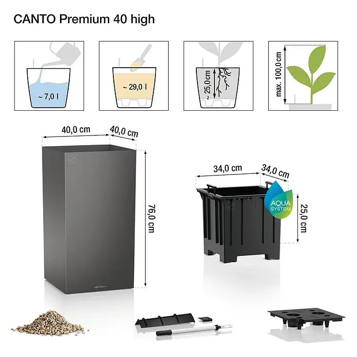Lechuza Pflanzsäule eckig Canto Premium - Außenmaß (L x B x H): 40 x 40 x 76 cm, Kunststoff, Anthrazit Metallic - CANTO Premium 40 high Pflanzgefäß, grau, mit Bewässerungssystem. Maße: 40x40x76 cm; Wasserspeicher: 7 L; Erdvolumen: 29 L.