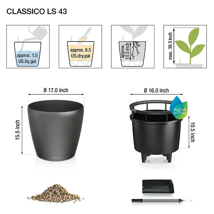 Lechuza Classico Pflanztopf Color LS - Außenmaß (Ø x H): 43 x 39 cm, Kunststoff, Muskat - Dunkelgrauer Classico LS 43 Selbstbewässerungs-Pflanztopf mit Maßen, Fassungsvermögen, Innentopf und Wasserstandsanzeiger.