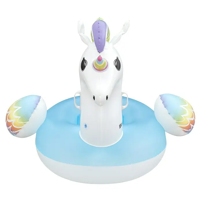 Bestway Schwimmtier Fantasy Unicorn - 110 x 163 x 95,5 cm - Ein aufblasbarer weißer Einhorn-Schwimmring mit bunter Mähne und Horn, hellblauem Ring und regenbogenfarbenen Armlehnen.