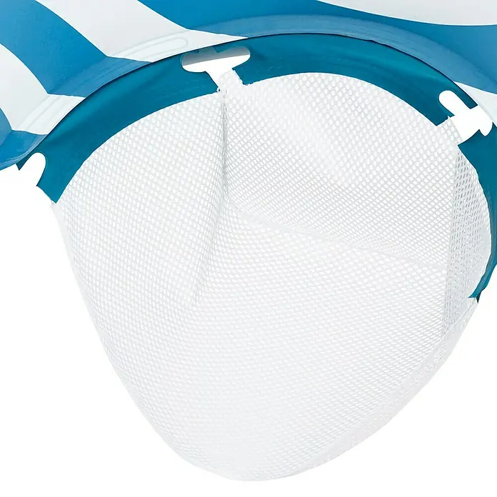 Bestway Luftmatratze Poolsitz mit Textiloberfläche - L x B: 67,5 x 96 cm - Blau-weiß gestreifter aufblasbarer Schwimmring mit weißem Netz, wahrscheinlich eine Poolliege oder Hängematte.