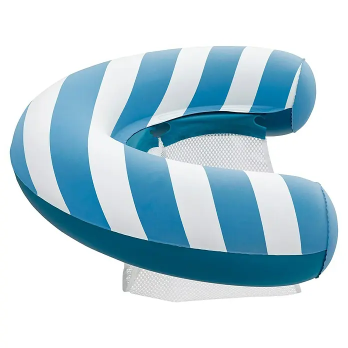 Bestway Luftmatratze Poolsitz mit Textiloberfläche - L x B: 67,5 x 96 cm - Blau-weiß gestreifter aufblasbarer U-förmiger Baby-Badesitz mit weißer Netzsitzfläche.