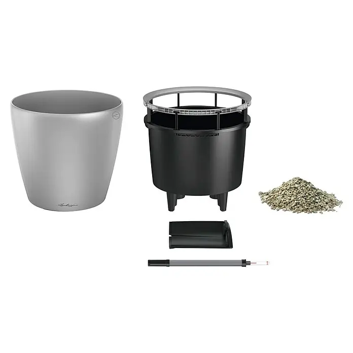 Lechuza Classico Pflanztopf Premium LS - Außenmaß (Ø x H): 36 x 32,5 cm, Kunststoff, Silber Metallic - Komponenten eines Bewässerungssystems: grauer Topf, schwarzer Einsatz, Zubehör, Wasserstandsanzeiger und Pflanzsubstrat.