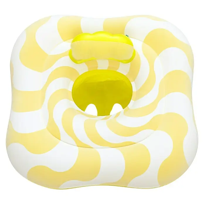 Bestway Schwimmsitz Samtoberfläche - Gelb, 4 Luftkammern - Gelb-weißes aufblasbares Baby-Schwimmtuch mit wellenförmigem Muster, separater Kopfstütze und Beinöffnungen.