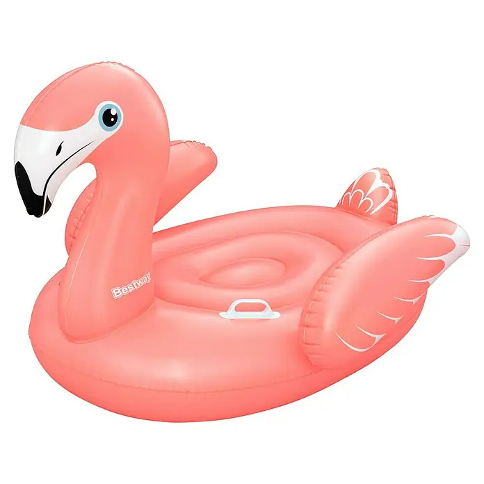 Bestway Schwimmtier Flamingo - 110 x 128 x 87 cm - Großer pinkfarbener aufblasbarer Flamingo-Schwimmreifen mit schwarz-weißem Schnabel, blauen Augen und weißem Griff.