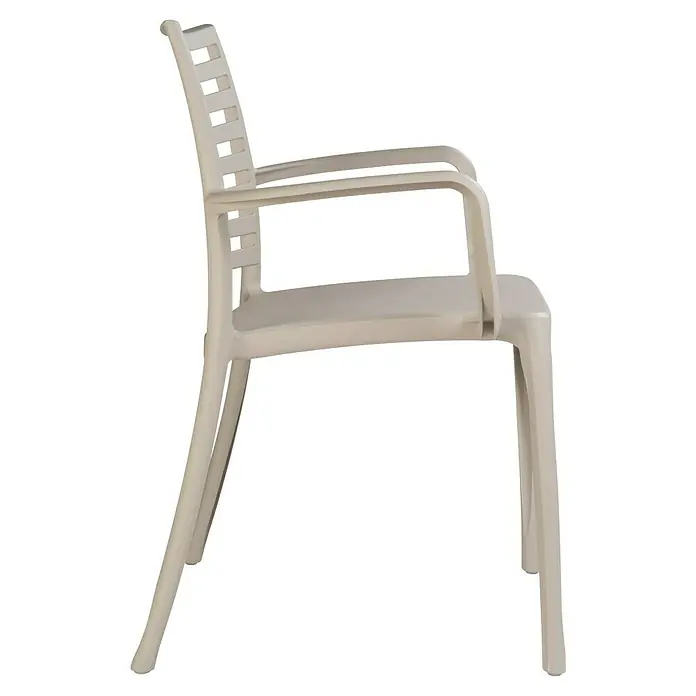 Grosfillex Stapelsessel Set Sunday - 4 Stk., Polypropylen, Stapelbar, Beige, B x T x H: 59 x 56 x 84 cm - Beiger Kunststoffstuhl mit Armlehnen und Lattenrückenlehne, von der Seite gesehen.