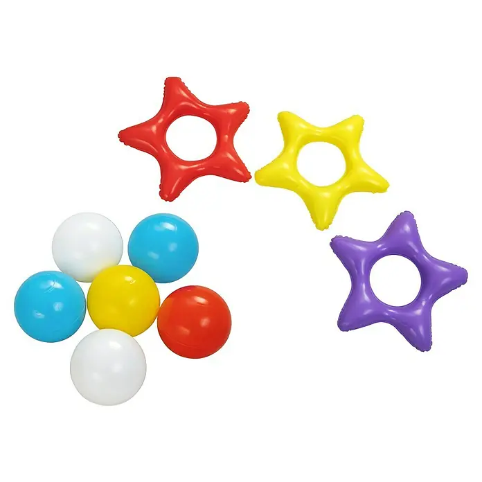 Bestway Planschbecken Kleine Meerjungfrau - 221 x 193 x 117 cm - Verschiedene bunte Plastikspielzeuge: drei sternförmige Schwimmringe (rot, gelb, lila) und sechs Plastikbälle (weiß, blau, gelb, rot).