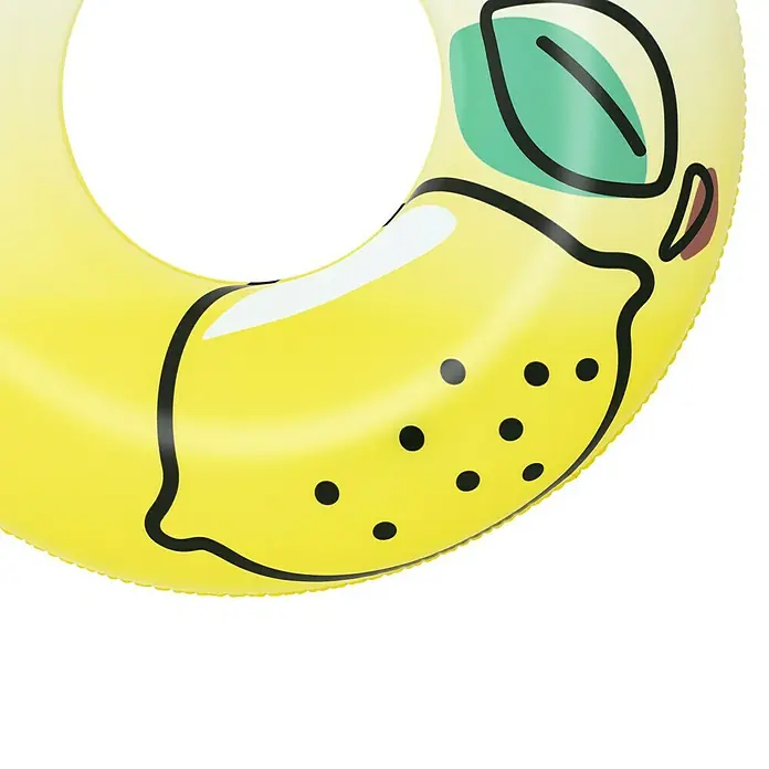 Bestway Schwimmring Zitrone - Gelb - Gelber aufblasbarer Schwimmring mit Zitronenmotiv und grünen Blättern.