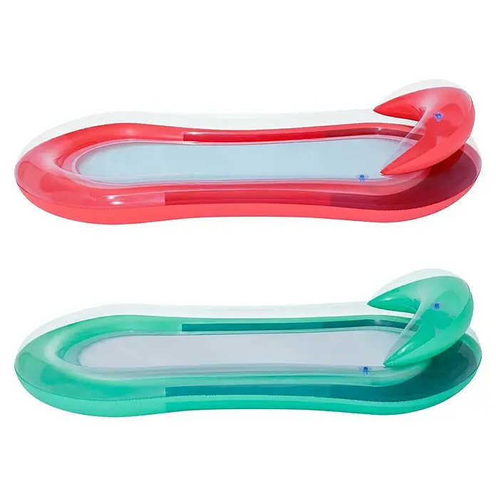 Bestway Luftmatratze Hydroluxe - L x B: 74 x 153 cm - Zwei aufblasbare Pool-Liegen, eine rot-weiß, eine grün-weiß, beide mit transparenten Netzböden und integrierten Kopfstützen.