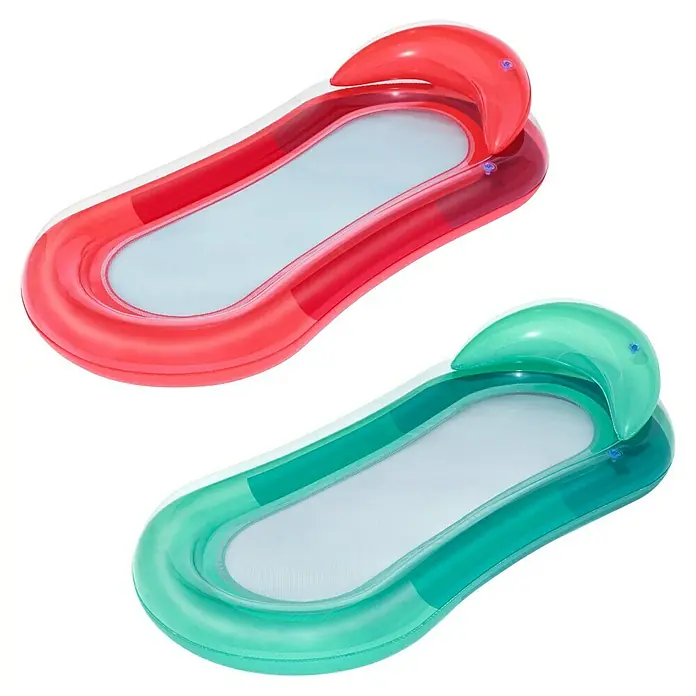 Bestway Luftmatratze Hydroluxe - L x B: 74 x 153 cm - Zwei aufblasbare Pool-Liegen, eine rote und eine grüne, mit Netzböden und Kopfstützen.
