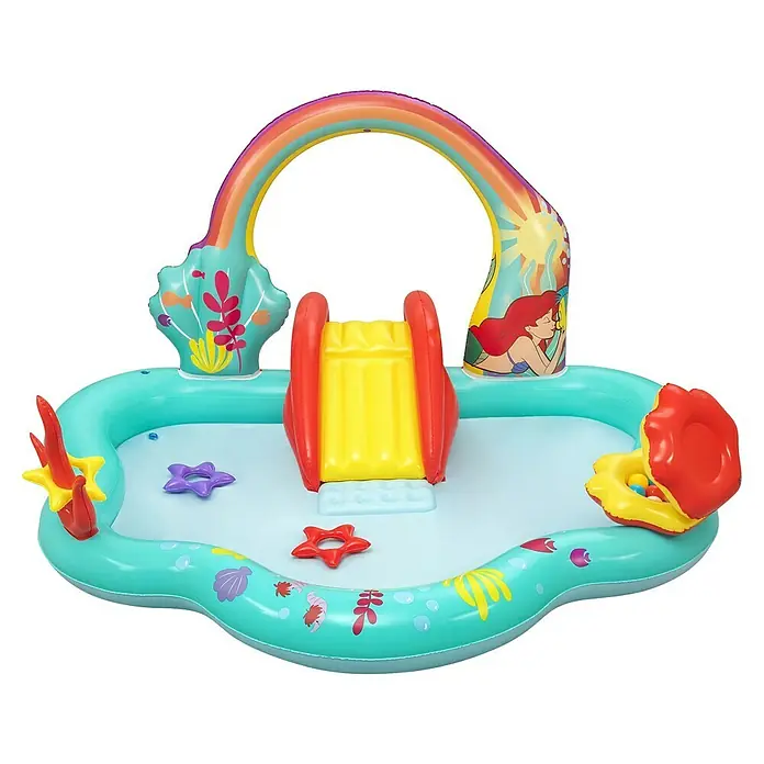 Bestway Planschbecken Kleine Meerjungfrau - 221 x 193 x 117 cm - Buntes aufblasbares Kinderplanschbecken mit Rutsche, Regenbogenbogen und Disney Arielle-Motiv.