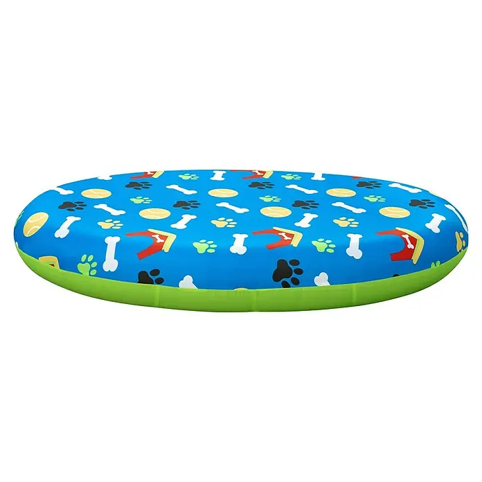 Bestway Schwimminsel Pfote für Haustiere - Länge: 142 cm, Breite: 95 cm - Runde, blaue aufblasbare Haustier-Spielmatte mit Hunde-Motiven (Knochen, Pfotenabdrücke, Tennisbälle) und hellgrünem Rand.