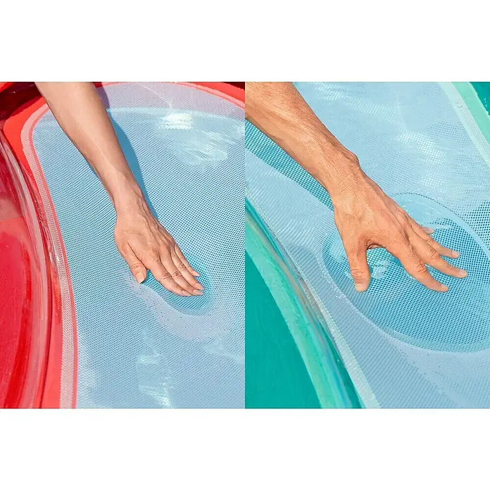 Bestway Luftmatratze Hydroluxe - L x B: 74 x 153 cm - Hellblaue Netz-Wasserliege mit roten und türkisen Rändern; Hände berühren die nasse, flexible Oberfläche.
