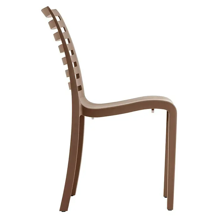 Grosfillex Stapelstuhl Set Slat - 4 Stk., Polypropylen, Stapelbar, Taupe, B x T x H: 53 x 58 x 88 cm - Brauner Kunststoffstuhl mit Lattenrücken, Seitenansicht.