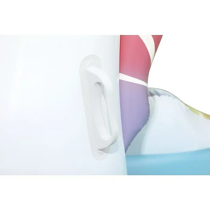 Bestway Schwimmtier Fantasy Unicorn - 110 x 163 x 95,5 cm - Weißer Haltegriff an einem farbigen Schlauchboot mit strukturierter Grifffläche.