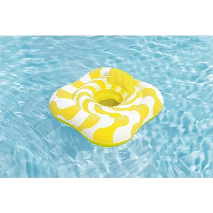 Bestway Schwimmsitz Samtoberfläche - Gelb, 4 Luftkammern - Gelb-weiß gemusterter aufblasbarer Schwimmreifen in einem blauen Pool.