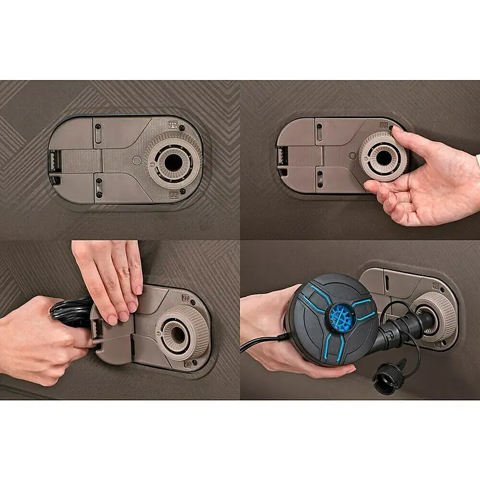Bestway Luftbett - L x B x H: 203 x 152 x 51 cm, Dunkelbraun, Integrierte Luftpumpe - Hände blasen braunes Schlauchprodukt auf: beiges Ventil drehen, Kabelklappe öffnen, schwarz-blaue Elektropumpe anschließen.