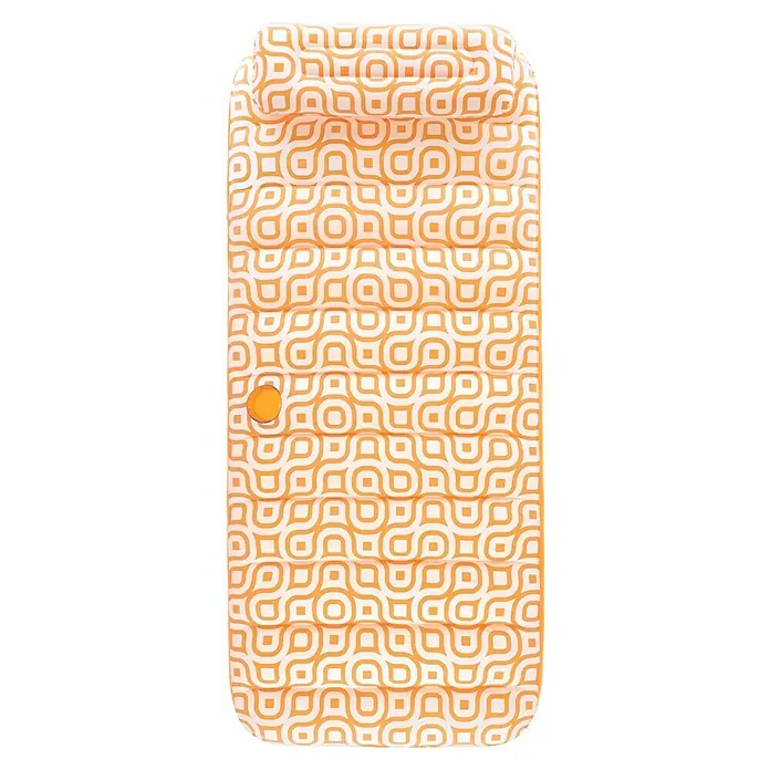 Bestway Luftmatratze mit Samtoberfläche - L x B: 77,5 x 169 cm - Aufblasbare orange-weiße Poolliege mit geometrischem Muster und Kopfstütze.