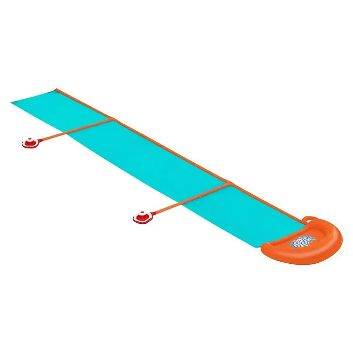 Bestway Wasserrutsche H2OGO! Fontäne - Aquamarin/Orange - Aufblasbare blaue Wasserrutsche mit orangen Seitenleisten, zwei roten Sprinklern und orangem Landebecken mit H2OGO!-Logo.