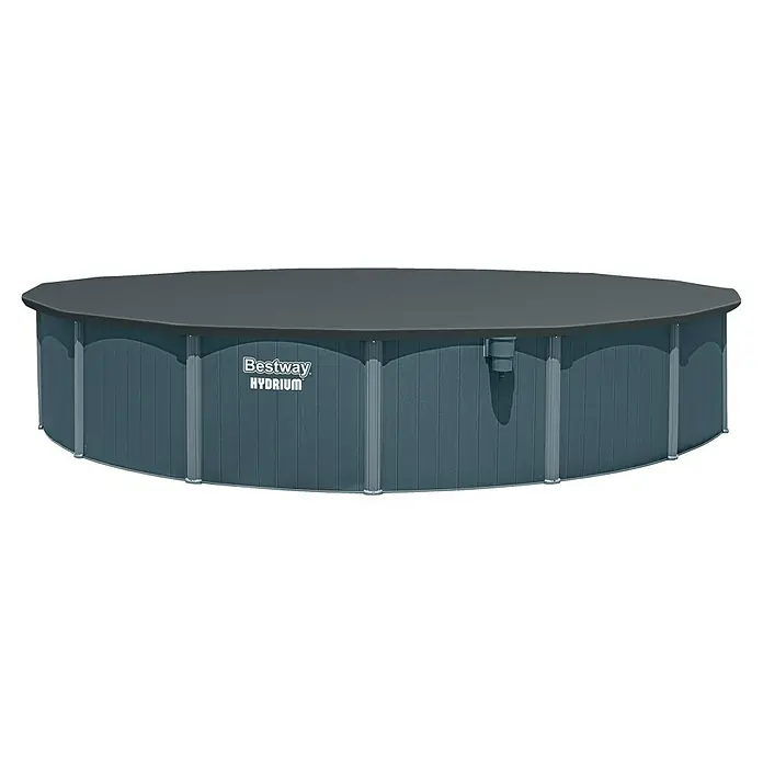 Bestway Stahlwand-Pool Hydrium - Ø x H: 732 x 132 cm, Grau, 49.200 l - Bestway Hydrium ovales Aufstellbecken mit blaugrauen strukturierten Wänden, Metallstützen und einer dunkelgrauen Abdeckung.