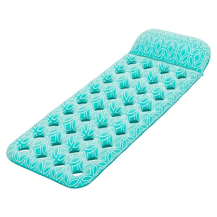 Bestway Luftmatratze Comfort Plush - L x B: 65 x 171 cm - Türkise aufblasbare Pool-Liege mit weißem geometrischem Muster und integriertem Kopfkissen.