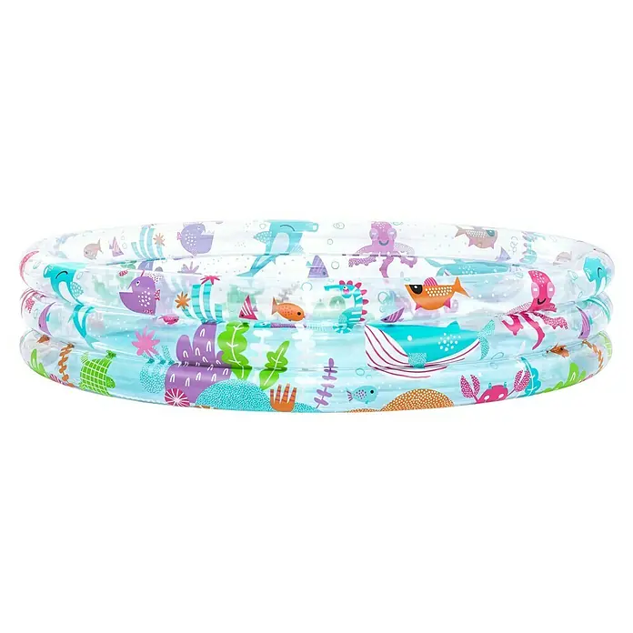 Bestway Planschbecken Deep Dive - Ø x H: 152 x 30 cm, PVC, Mehrfarbig - Transparentes aufblasbares Kinderbecken mit 3 Ringen und bunten Unterwasser-Motiven.