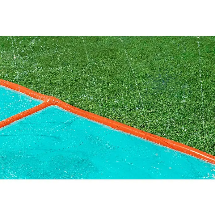 Bestway Wasserrutsche H2OGO! Fontäne - Aquamarin/Orange - Blau-orange Wasserrutsche mit Wasser bespritzt, bereit zum Spielen.