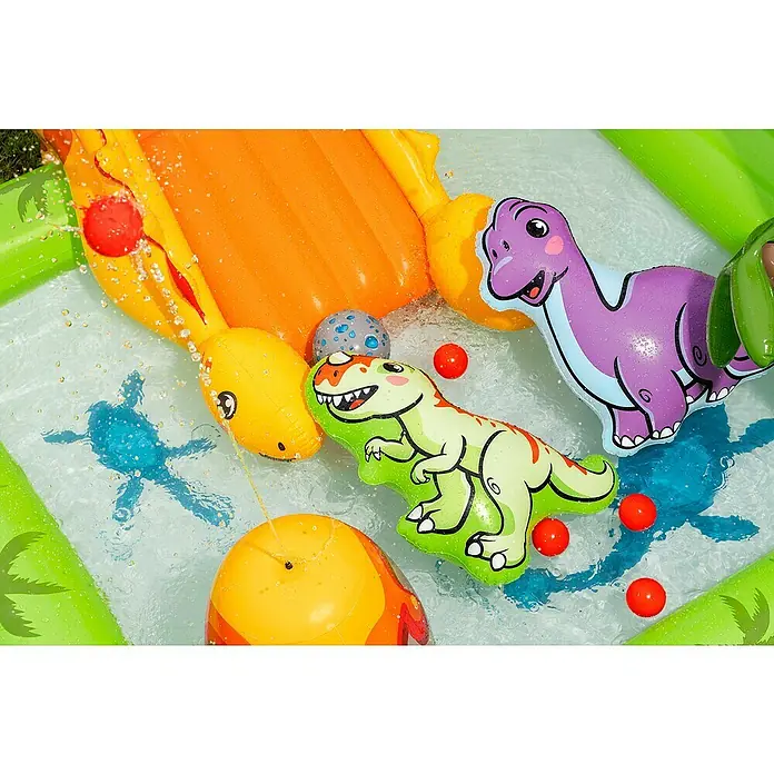 Bestway Planschbecken Wasserspielcenter Vulkan - 188 x 262 x 102 cm - Aufblasbare Dino-Wassermatte mit spritzendem Wasser, bunten Dinos und roten Bällen für Sommerspaß.