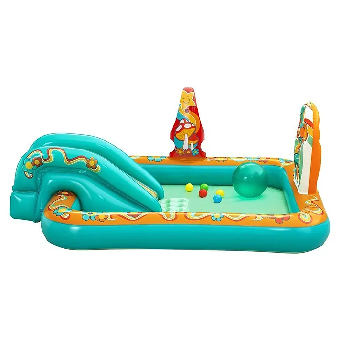 Bestway Planschbecken Retro-Welt - 152 x 193 x 74 cm - Buntes aufblasbares Kinderspielzentrum mit Rutsche, Pool und lebhaften psychedelischen Mustern, darunter Pilze und ein Stern.