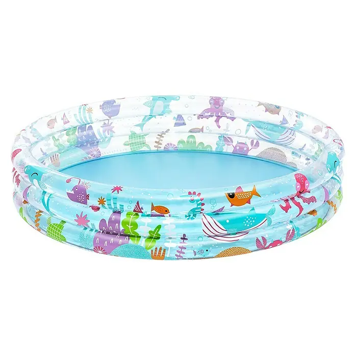 Bestway Planschbecken Deep Dive - Ø x H: 152 x 30 cm, PVC, Mehrfarbig - Blaues aufblasbares Kinderbecken mit transparenten Ringen und bunten Cartoon-Meerestieren.