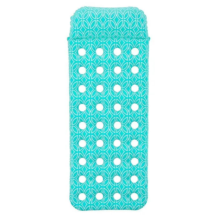 Bestway Luftmatratze Comfort Plush - L x B: 65 x 171 cm - Türkise aufblasbare Poolmatte mit weißem geometrischem Muster und runden Löchern.