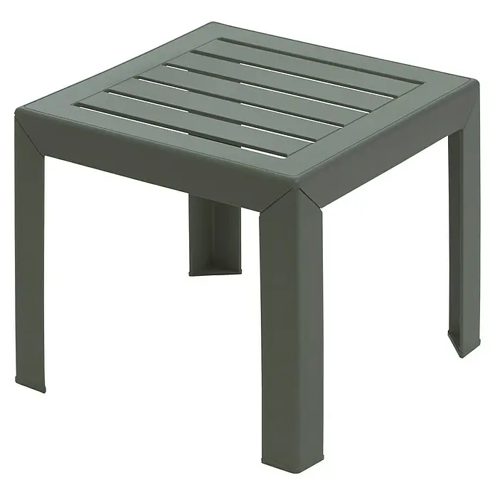 Grosfillex Garten-Beistelltisch Miami - L x B x H: 40 x 40 x 35 cm, Polypropylen, Stapelbar, Grün - Ein grauer quadratischer Beistelltisch mit Lattenplatte und vier stabilen Beinen.