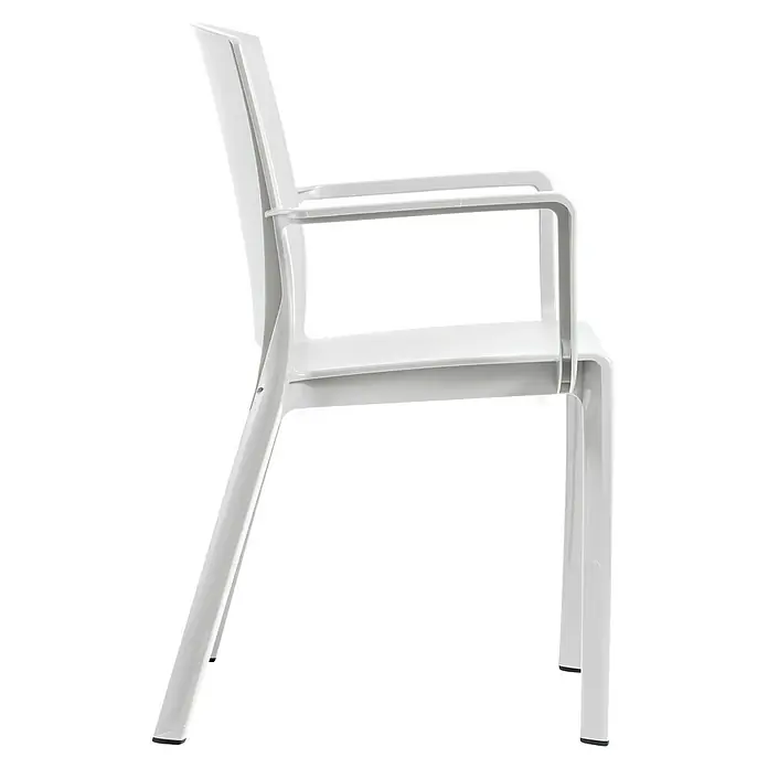 Grosfillex Stapelsessel Set Milton - 4 Stk., Polypropylen, Stapelbar, Weiß, B x T x H: 58 x 52 x 81 cm - Seitenansicht eines weißen Plastikstuhls mit Armlehnen.