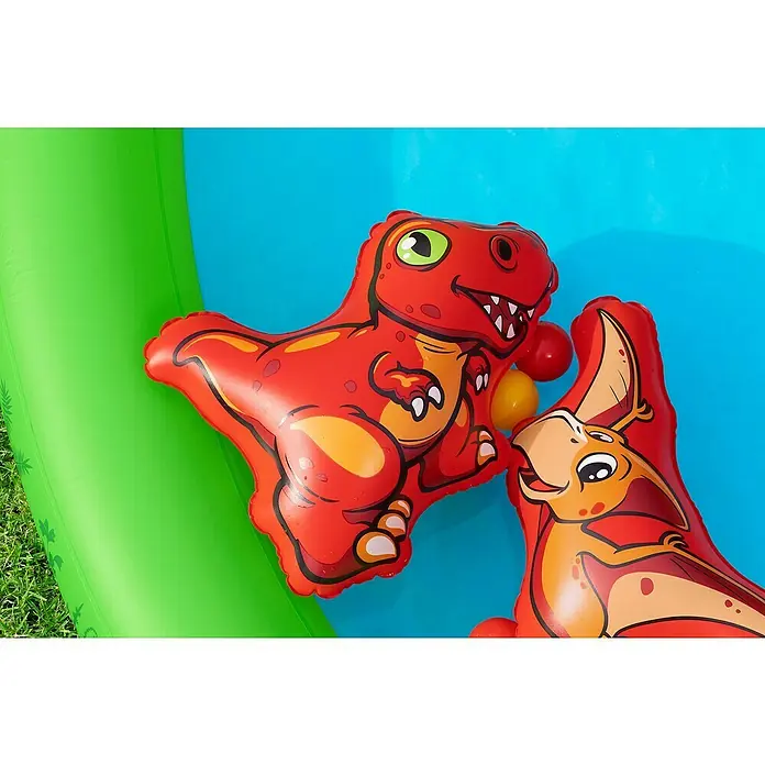 Bestway Planschbecken Jurassic Splash - 241 x 140 x 137 cm - Rote aufblasbare T-Rex- und Pterodaktylus-Spielzeuge in einem blauen Pool mit grünem Rand.