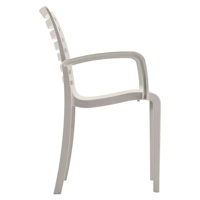 Grosfillex Stapelsessel Set Slat - 4 Stk., Polypropylen, Stapelbar, Beige, B x T x H: 60 x 58 x 88 cm - Heller Kunststoffstuhl mit Armlehnen und Lattenrückenlehne, Seitenansicht.