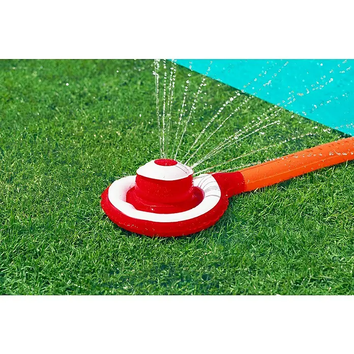 Bestway Wasserrutsche H2OGO! Fontäne - Aquamarin/Orange - Roter und weißer Wassersprenger spritzt Wasser.