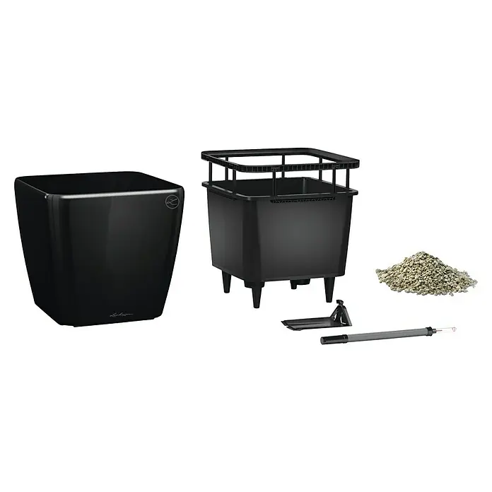 Lechuza Pflanzkasten Quadro Premium - Außenmaß (L x B x H): 35,5 x 35,5 x 32,5 cm, Kunststoff, Schwarz - Schwarzes Selbstbewässerungs-Pflanzgefäß-Set: Übertopf, Pflanzeinsatz mit Bewässerungssystem, Pflanzsubstrat, Wasserstandsanzeiger und Werkzeuge.