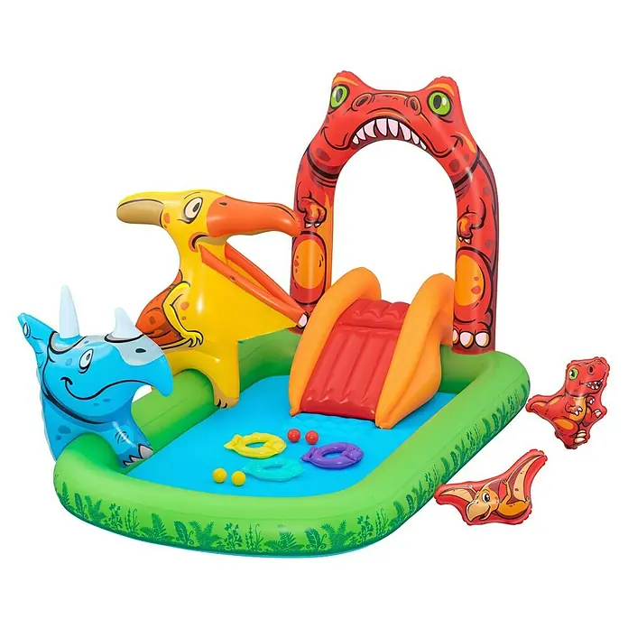 Bestway Planschbecken Jurassic Splash - 241 x 140 x 137 cm - Buntes aufblasbares Dinosaurier-Planschbecken mit Rutsche, Dinosaurierfiguren und Schwimmringen.