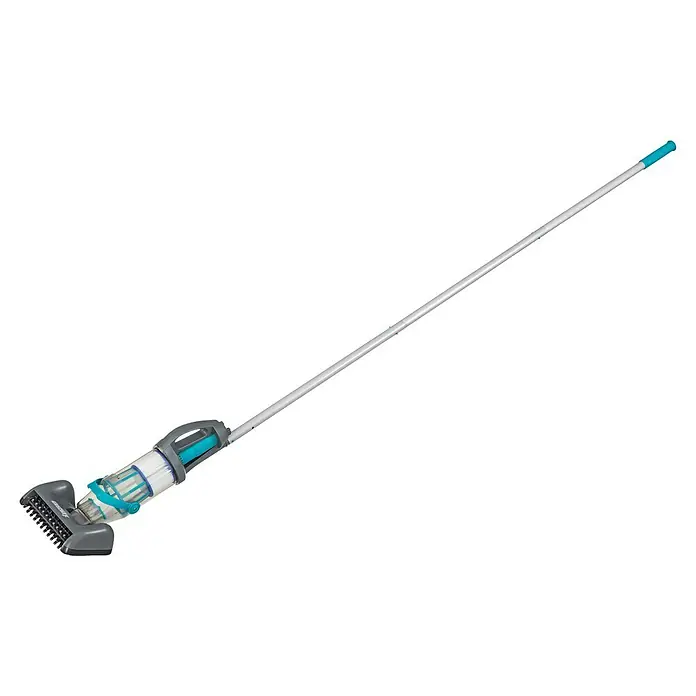 Bestway Poolsauger AquaGrip - Akkubetrieben, Passend für: Aufstell- und Einbaupools bis Ø 610cm und 199cm Höhe - Handgehaltener, grau-türkiser Poolreiniger mit transparentem Filter und langer Silberstange.