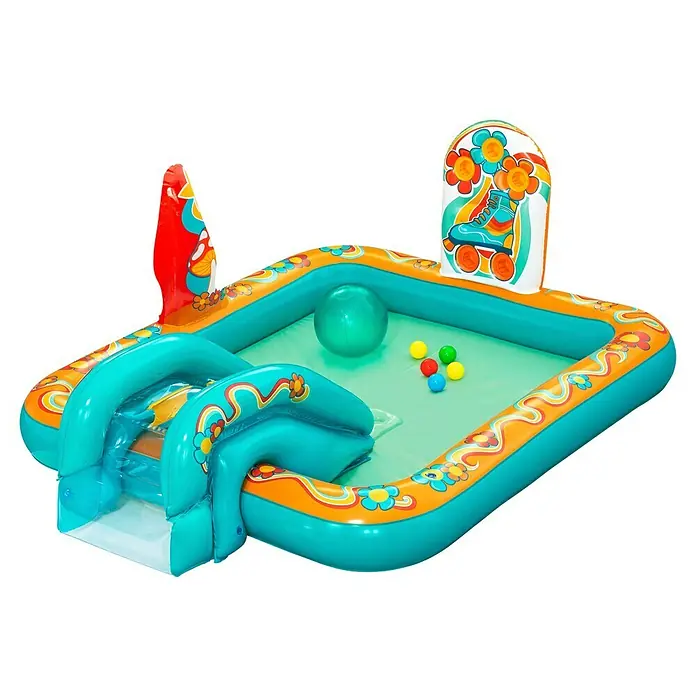 Bestway Planschbecken Retro-Welt - 152 x 193 x 74 cm - Buntes aufblasbares Spielbecken mit Rutsche, großem grünen Ball und kleinen bunten Bällen. Mit Retro-Design, Blumen und Rollschuhmotiv.