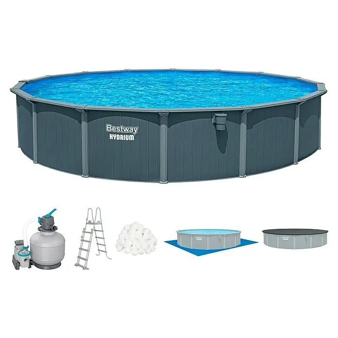 Bestway Stahlwand-Pool Hydrium - Ø x H: 732 x 132 cm, Grau, 49.200 l - Grauer Bestway Hydrium Aufstellpool mit Wasser, inkl. Filterpumpe, Leiter, Filterbällen, Bodentuch und Abdeckung.