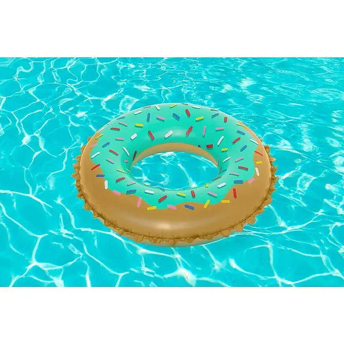 Bestway Schwimmring Donut - Braun/Türkis - Donut-förmiger aufblasbarer Schwimmring mit brauner Basis, mintgrüner Glasur und bunten Streuseln, im blauen Pool schwimmend.