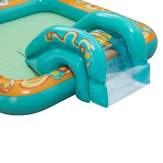 Bestway Planschbecken Retro-Welt - 152 x 193 x 74 cm - Aufblasbarer Kinderpool in Türkis und Orange mit Rutsche, verziert mit Blumen- und Regenbogenmustern.