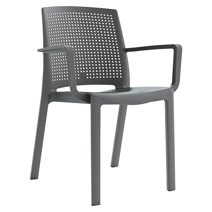 Grosfillex Stapelsessel Set Luce - 4 Stk., Polypropylen, Stapelbar, Anthrazit, B x T x H: 58 x 52 x 81 cm - Grauer Plastiksessel mit perforierter Rückenlehne und Armlehnen.