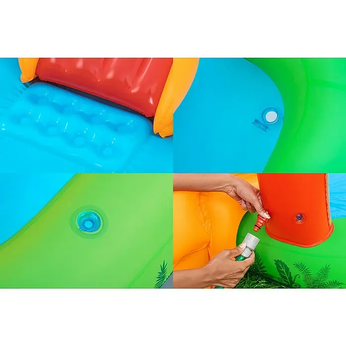 Bestway Planschbecken Jurassic Splash - 241 x 140 x 137 cm - Buntes aufblasbares Becken mit strukturierten Oberflächen, Ventilen und einer Hand, die einen Schlauch zum Befüllen anschließt.