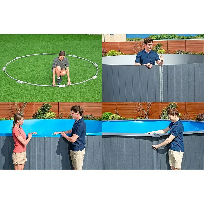 Bestway Stahlwand-Pool Hydrium - Ø x H: 732 x 132 cm, Grau, 49.200 l - Montage eines grauen Aufstellpools mit blauer Innenfolie. Zeigt den Aufbau von Rahmen, grauen Paneelen und blauer Innenauskleidung.