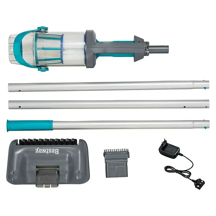 Bestway Poolsauger AquaGrip - Akkubetrieben, Passend für: Aufstell- und Einbaupools bis Ø 610cm und 199cm Höhe - Zerlegter Bestway Poolstaubsauger: graues Gehäuse, türkis Akzente, transparenter Filter, drei silberne Stangen, großer Reinigungskopf, kleine Bürste, Ladegerät.