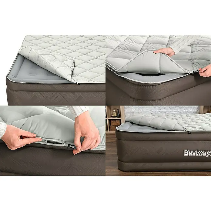 Bestway Luftbett - L x B x H: 203 x 152 x 51 cm, Dunkelbraun, Integrierte Luftpumpe - Braune Luftmatratze mit abnehmbarem, hellgrauem, gestepptem Matratzentopper mit Reißverschluss, der für Komfort an- und abgenommen wird.