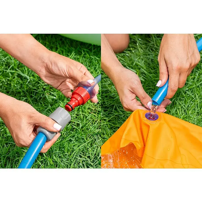 Bestway Planschbecken Wasserspielcenter Vulkan - 188 x 262 x 102 cm - Hände verbinden einen Schlauch mit Schnellkupplungen und füllen ein orangefarbenes aufblasbares Objekt mit Wasser.