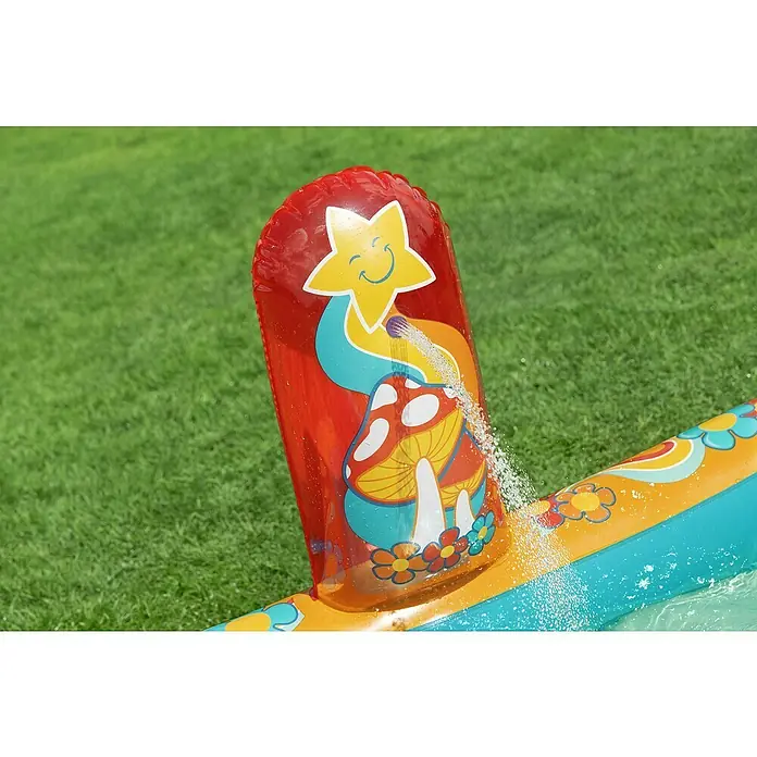 Bestway Planschbecken Retro-Welt - 152 x 193 x 74 cm - Lebhaftes aufblasbares Wasserspielzeug mit lächelndem Stern- und Pilzdesign, sprüht Wasser.