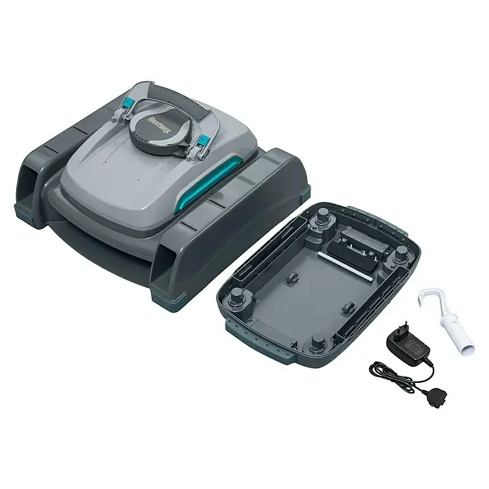 Bestway Poolroboter AquaTronix™ G300 mit Oberflächenskimmer - Akkubetrieben, Passend für: Pools bis 50 m² Grundfläche - Grauer und dunkelgrauer Roboterreiniger mit türkisen Akzenten, teilweise demontiert. Inklusive Netzteil und weißem Haken.